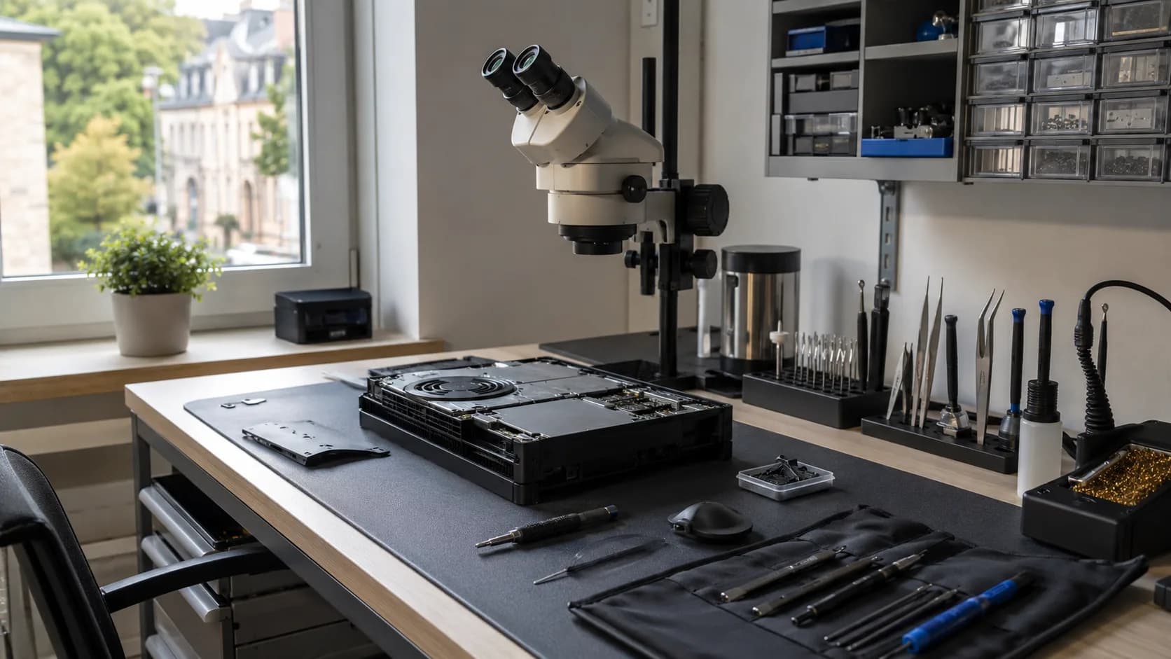 Reparatur-Werkstatt in Wiesbaden mit Stereo-Mikroskop und Präzisionswerkzeug